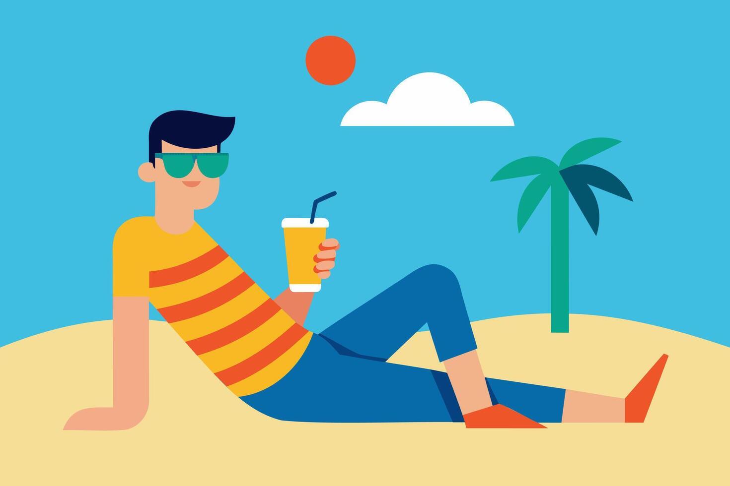 Man enjoying tropical drink on sunny beach. Guy with refreshing cocktail. Concept of summer leisure, beach relaxation, vacation vibes. Simple Graphic illustration. Print, design vector