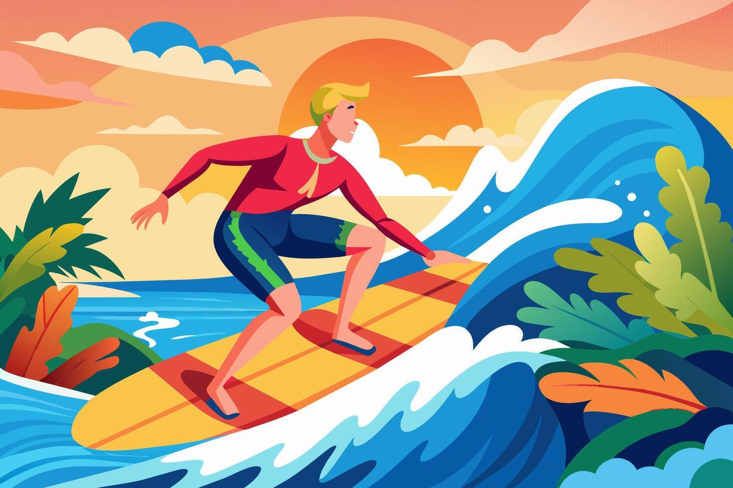 Man surfing on a vibrant waves. Surfer on a colorful surfboard riding a wave. Concept of water sports, action, vacation. Graphic illustration. Print, design. vector