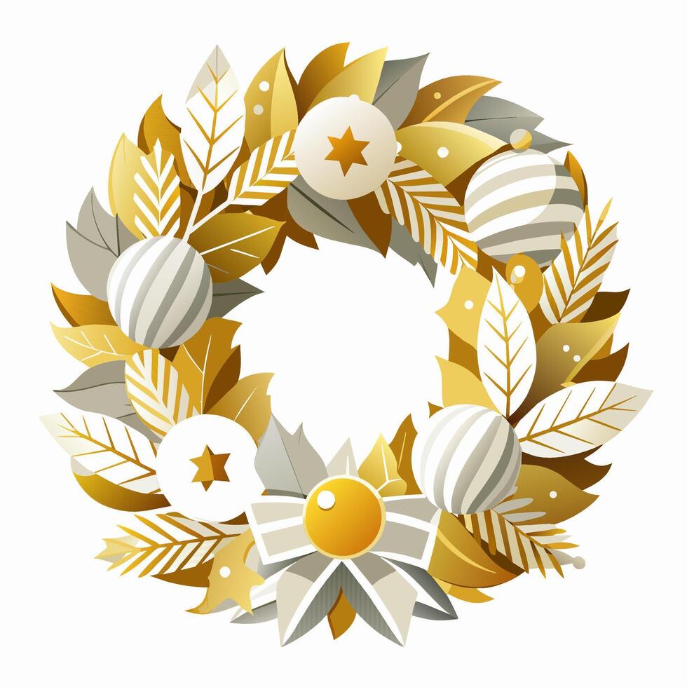 Christmas wreath with golden and white festive ornaments. Isolated on white background. Graphic illustration. Concept of luxury Christmas decoration, seasonal charm. Print, desigh element vector