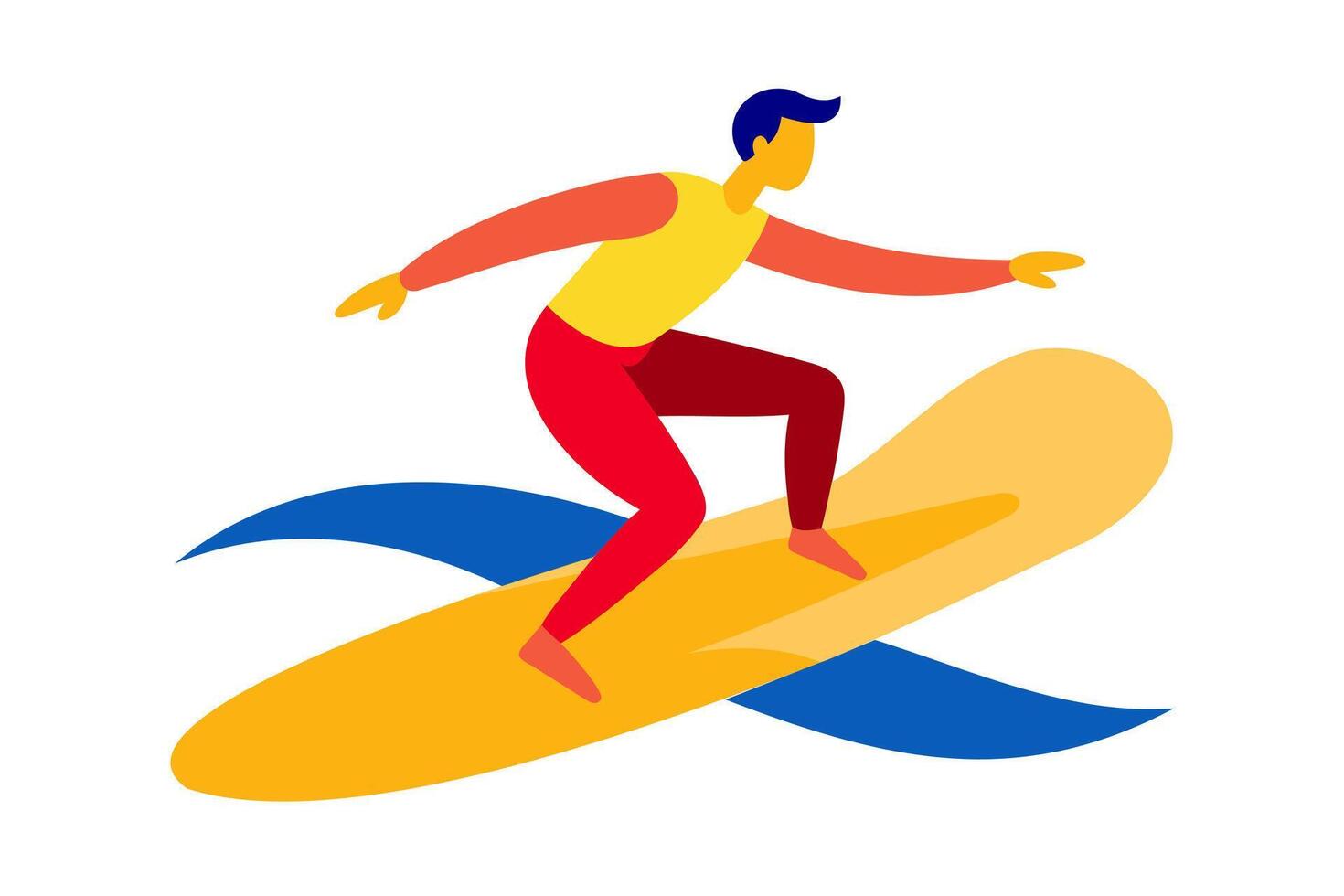 Man surfing on a vibrant waves. Surfer on a colorful surfboard riding a wave. Concept of water sports, action, vacation. Graphic illustration. Print, design. Isolated on white background vector
