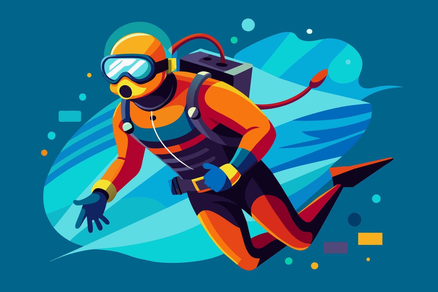 Scuba diver on blue background. Concept of underwater adventure, scuba diving tourism. Graphic illustration vector