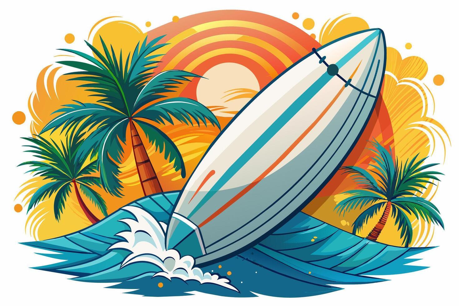 Surfboard and palm trees on a tropical beach. Concept of summer vacations, beach activities, surfing, travel destinations. Graphic illustration. Print, design. Isolated on white background vector