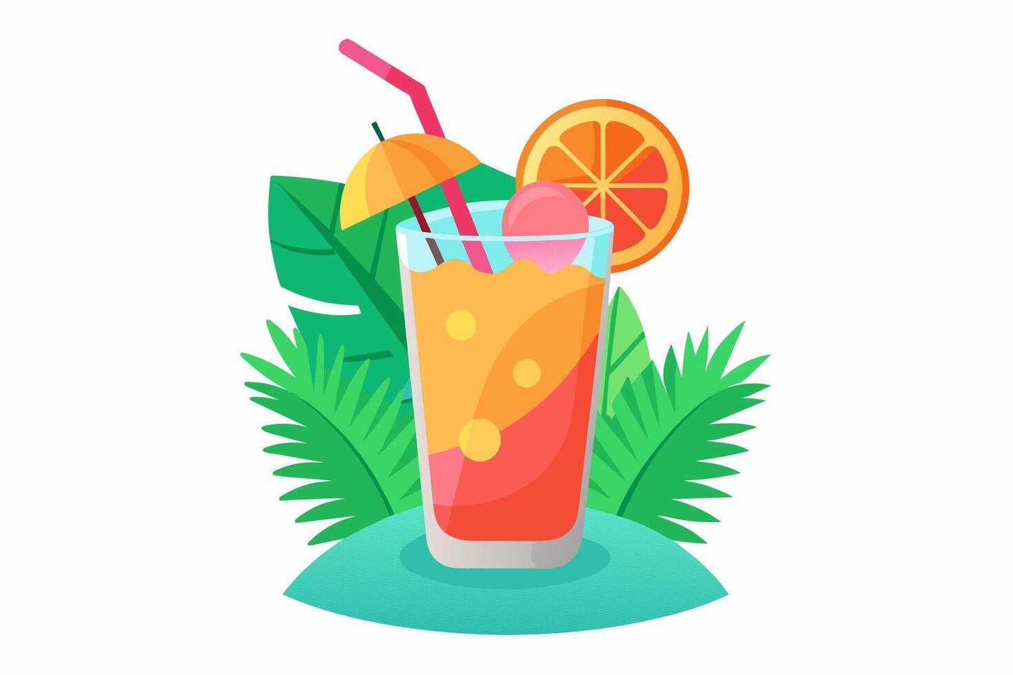 Refreshing tropical cocktail isolated on white surface. Vivid fruit drink in floral setting. Concept of summer drinks, exotic beverages, leisure. Design element. Print. Graphic illustration. vector