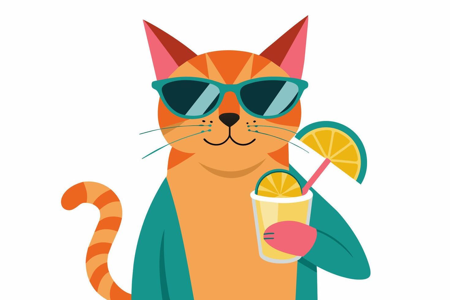 Cat in sunglasses enjoying fruit cocktail. Isolated on white surface. Smiling Feline with soft drink. Concept of summer vibes, exotic beverage, vacation. Print. Design element. Graphic art vector