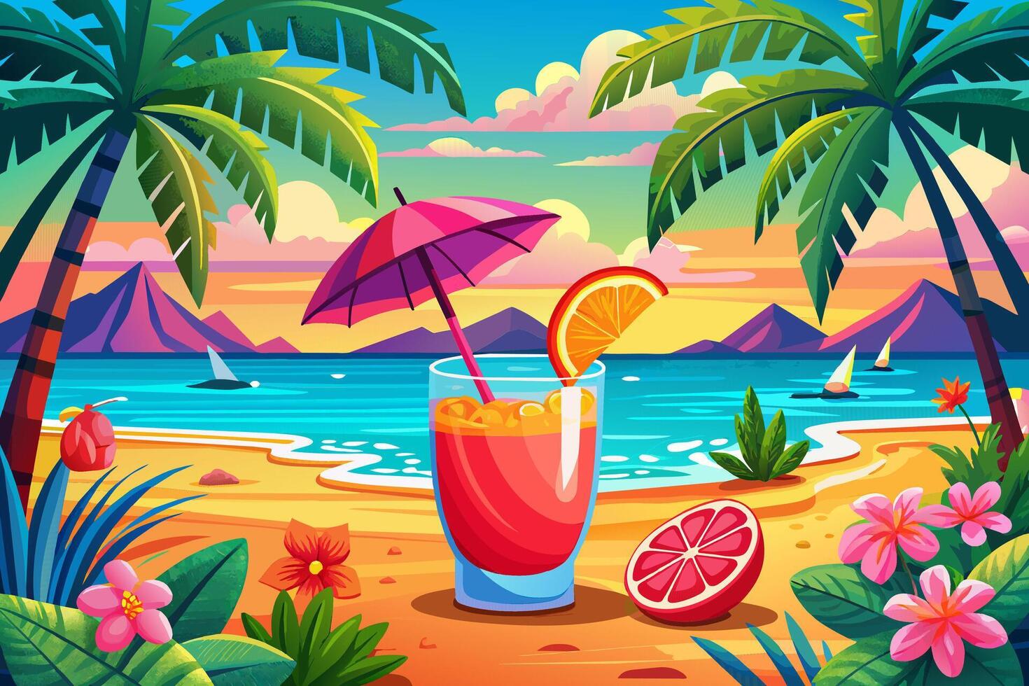 Refreshing tropical cocktail against tropical ocean backdrop. Vibrant drink in natural setting. Concept of summer drinks, refreshing beverages, exotic cocktails, leisure. Graphic art vector