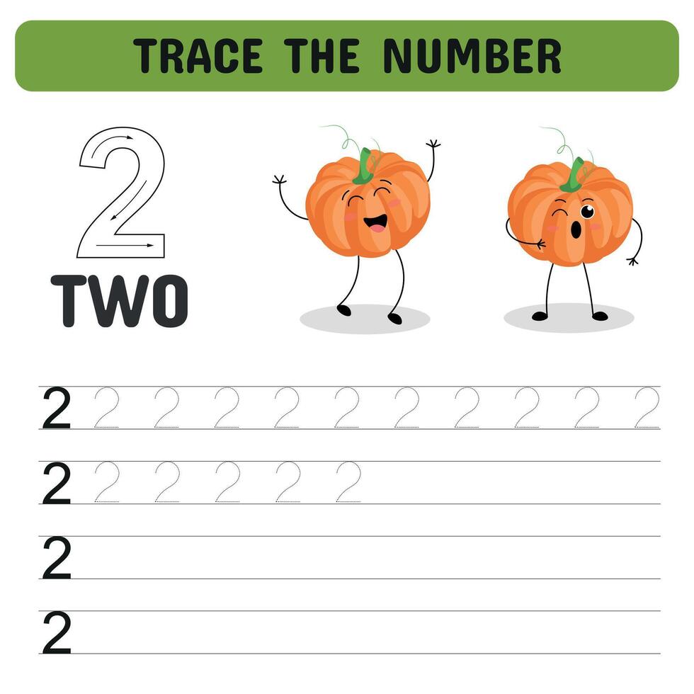 Trace the number. Tracing number 2 with funny pumpkins. Educational game for kindergarten and preschoolers. Printable sheet. illustration vector