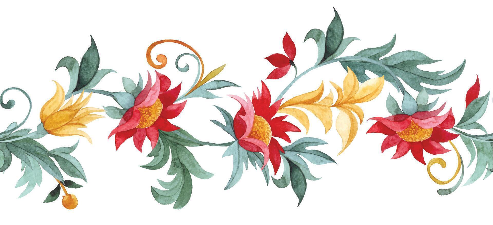 watercolor seamless border of red and yellow ornaments. oriental pattern vector