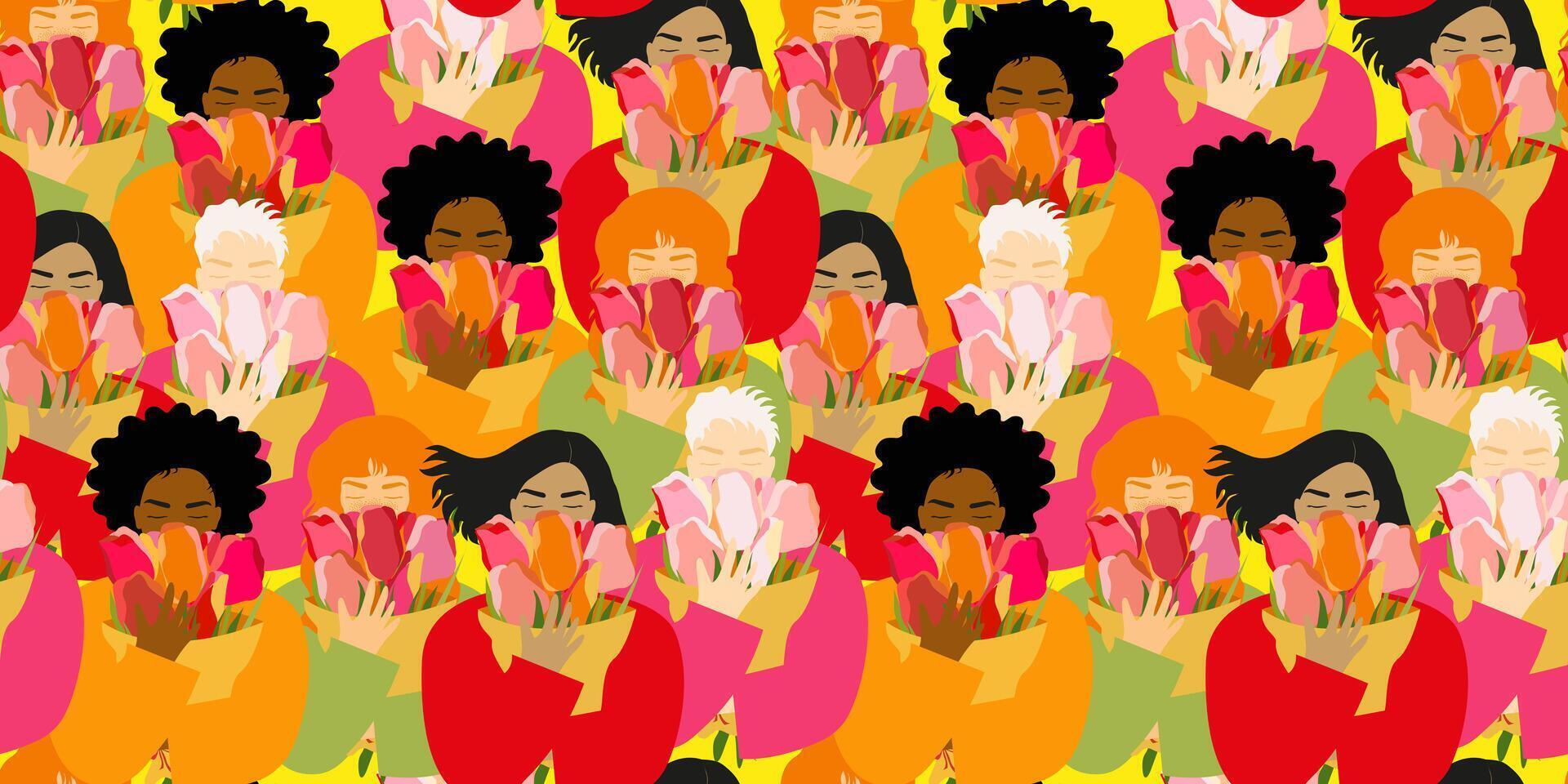 Group of women in different ethnic clothes with bouquets of blooming tulips.Seamless flat style color pattern for printing on cards, covers, fabrics and women's day greetings. vector
