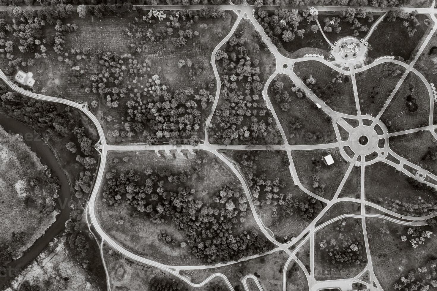 View from the height of loshitsky Park in Minsk.Winding paths in Loshitsky Park.Belarus.Apple orchard.Black and white photo. photo