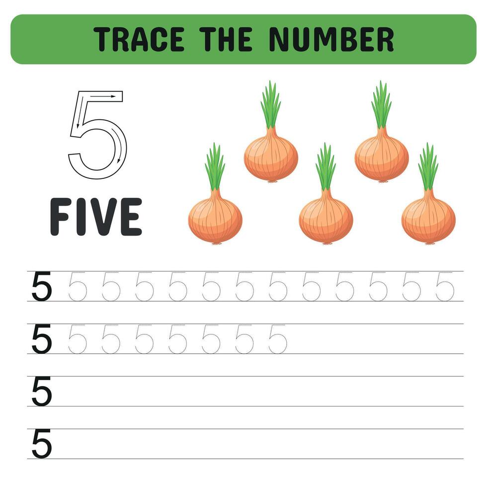 Card for learning number 5 with onions. Tracing number worksheet for kindergarten, preschool for learning numbers and handwriting practice activities. illustration vector