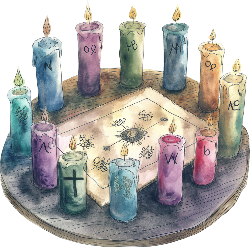 Creating a seance scene with a circle of candles and an ouija board png