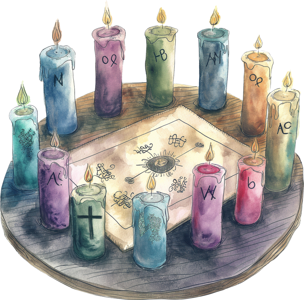 Creating a seance scene with a circle of candles and a board png