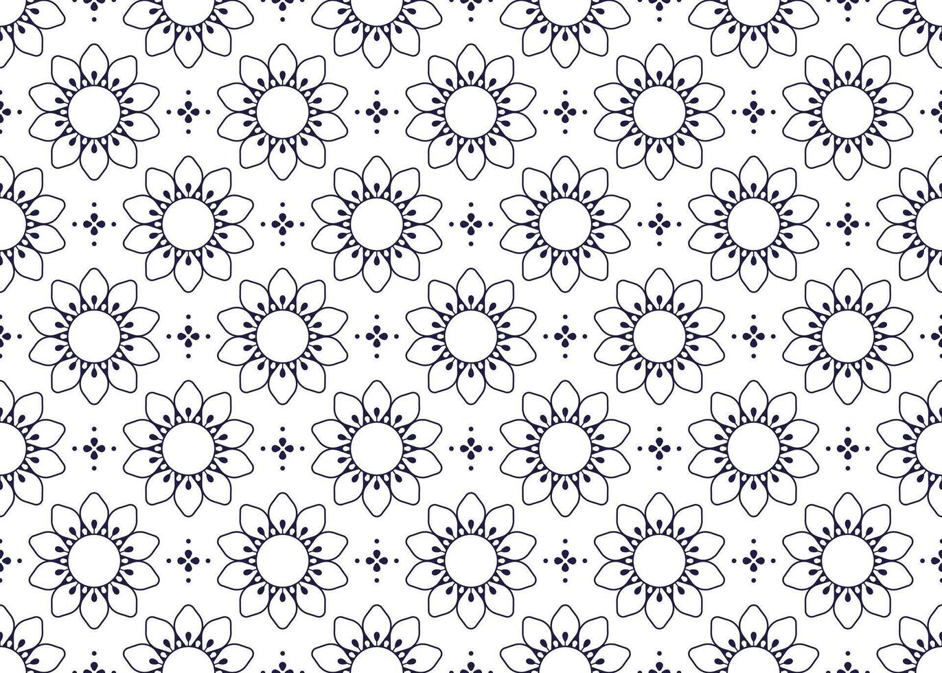 Symbol dark blue floral on white background, ethnic fabric seamless pattern design for cloth, carpet, batik, wallpaper, wrapping etc. vector