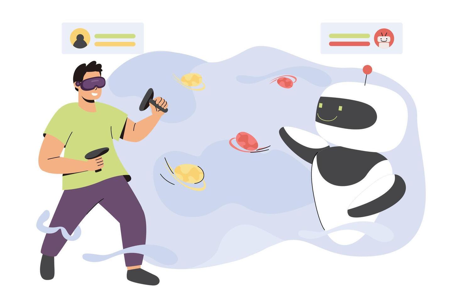 Flat man in virtual reality headset playing game with ai robot. Character with controller, vr glasses play with robotic companion. Digital technologies concept. High tech entertainment or interactive. vector