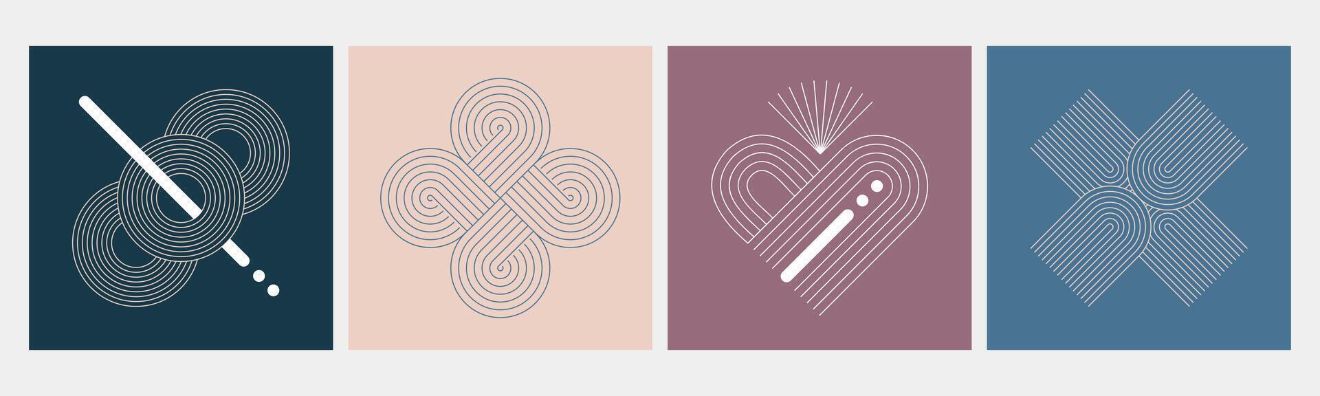 Set of modern minimalist zen arch posters with geometric linear ornament, simple figures of outline strokes. Nordic design wall art decor with boho element of knot, arc, heart, circle. Bohemian covers vector