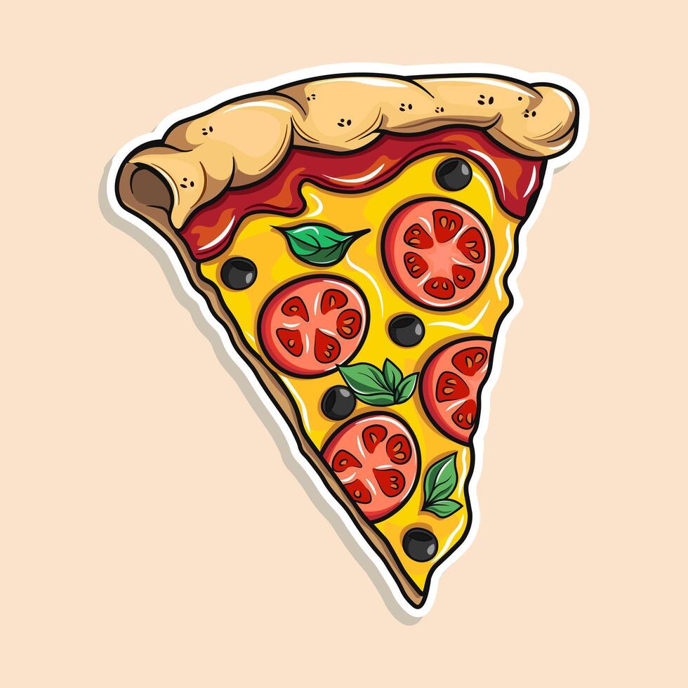 Cute piece of pizza sticker. Hand drawn cartoon kawaii character illustration icon. Isolated on pink background. Piece of pizza character concept vector