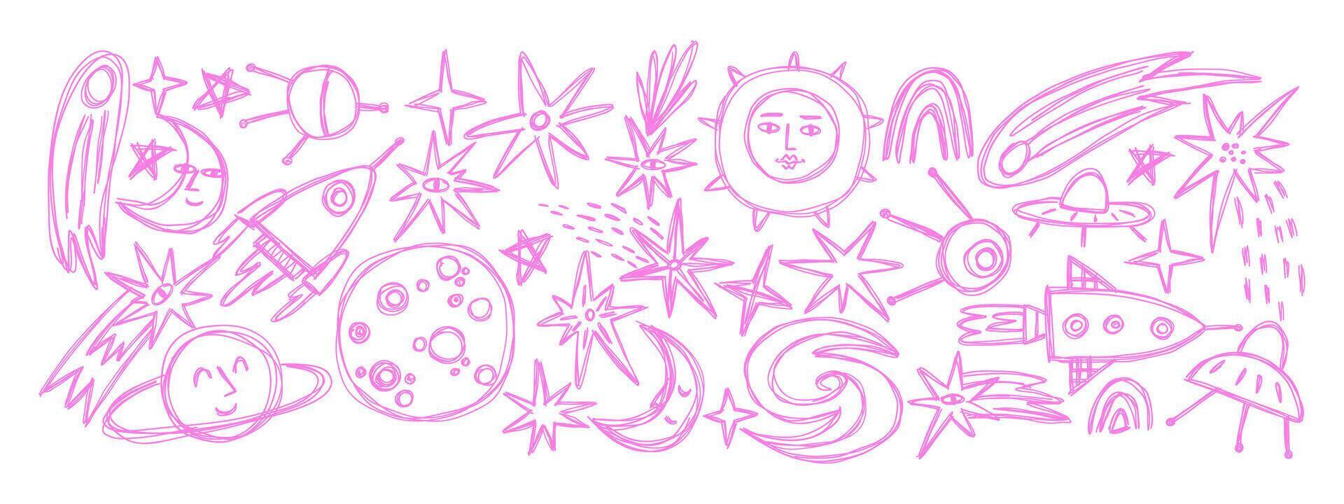 Set with space elements in doodle style. Icons of various astronomical objects. Hand drawn illustration. vector