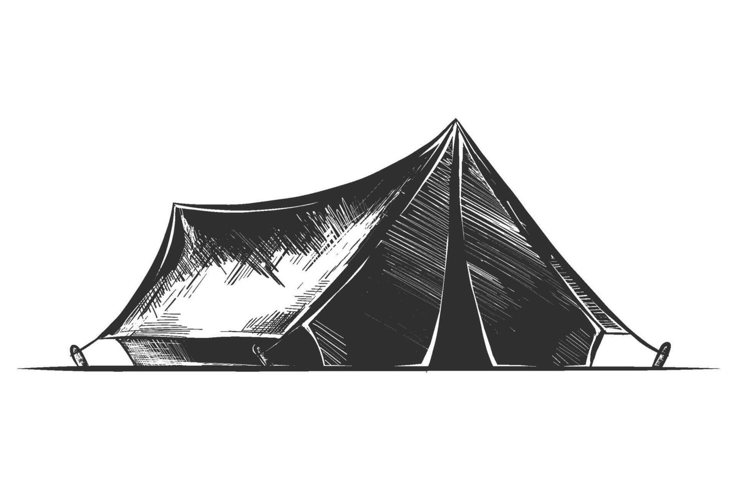 engraved style illustration for posters, decoration and print. Hand drawn sketch of camping tent in monochrome isolated on white background. Detailed vintage woodcut style drawing. vector