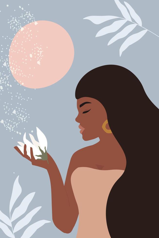 Abstract poster of a beautiful girl in profile with a flower in her hand against the background of the moon. vector