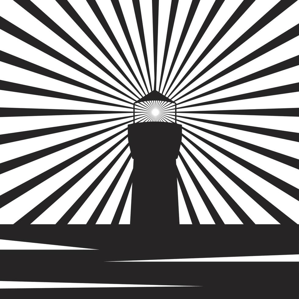 Silhouette of a lighthouse with a shining light, postcard vector