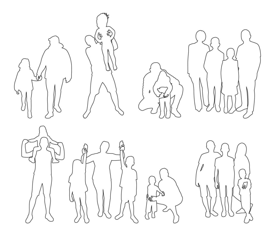 Group of families sketch outlines, body figures of adults and children vector