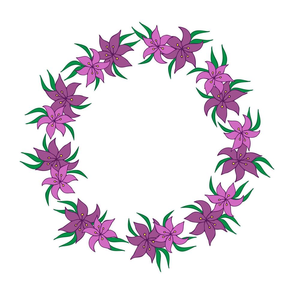 spring wreath of lilies on a white background. Frame of flowers and leaves. Greeting card. vector
