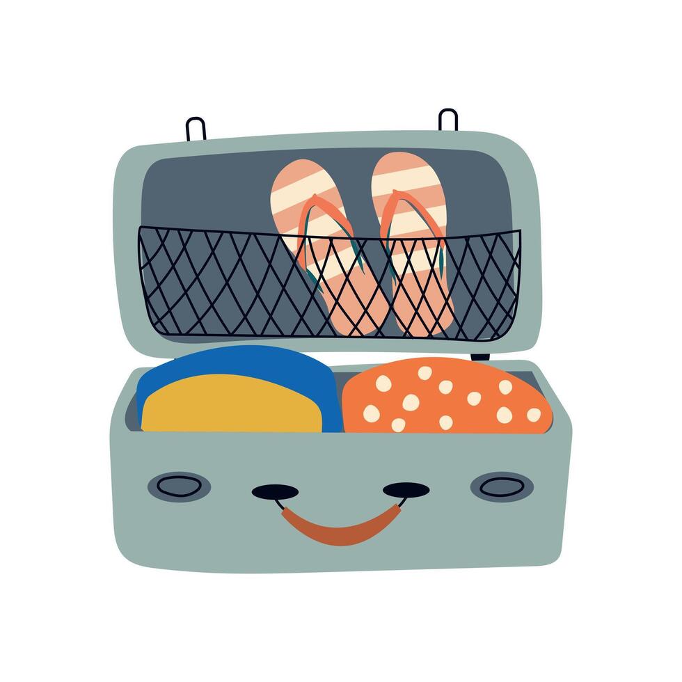 Travel bag with folded clothes, summer shoes. Isolated open suitcase with things. Flat hand draw illustration. vector