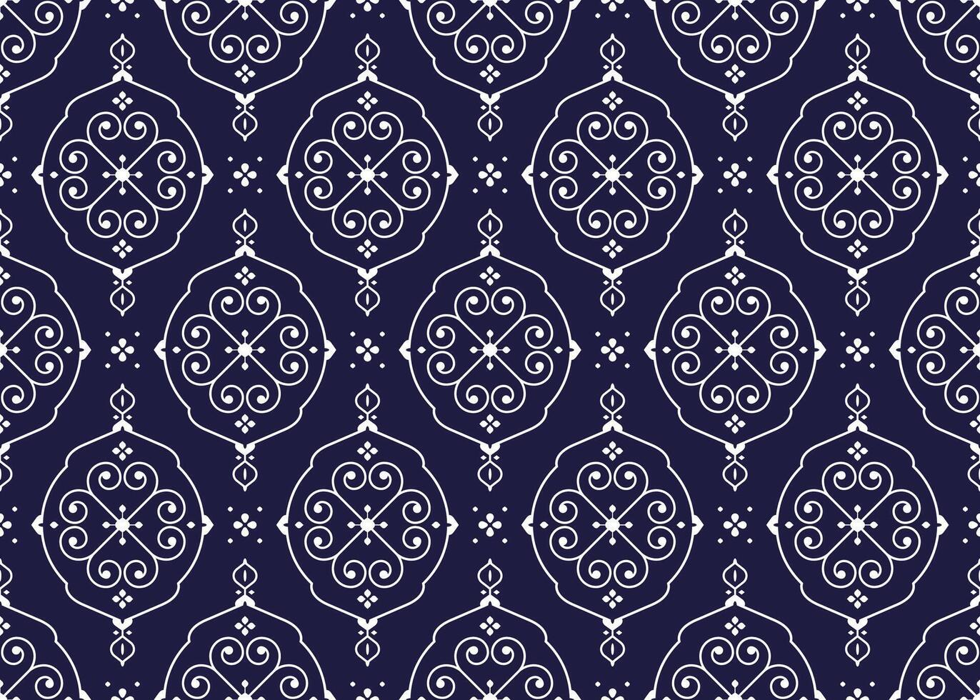 White geometric and symbol flowers design on dark blue background, ethnic fabric seamless pattern design for cloth, carpet, batik, wallpaper, wrapping etc. vector