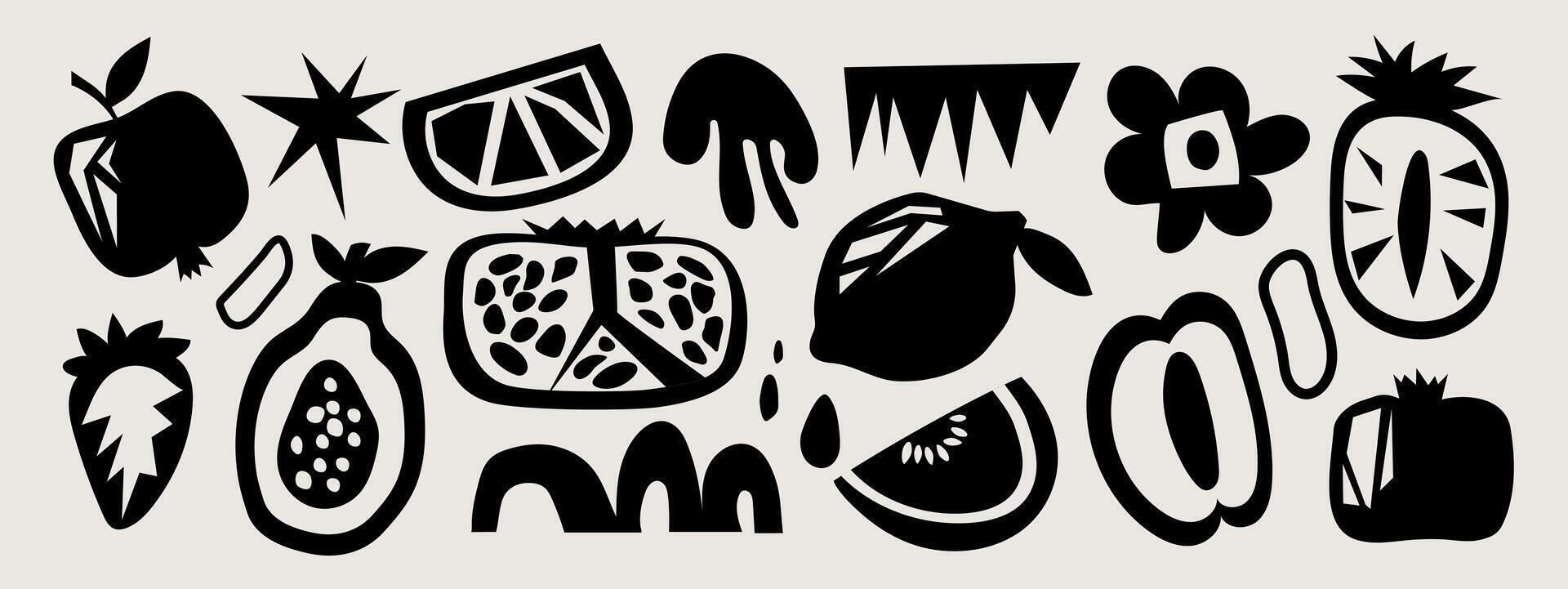 Set of Hand drawn various Shapes and fruits. Abstract contemporary modern trendy illustrations on a light background. All elements are isolated vector