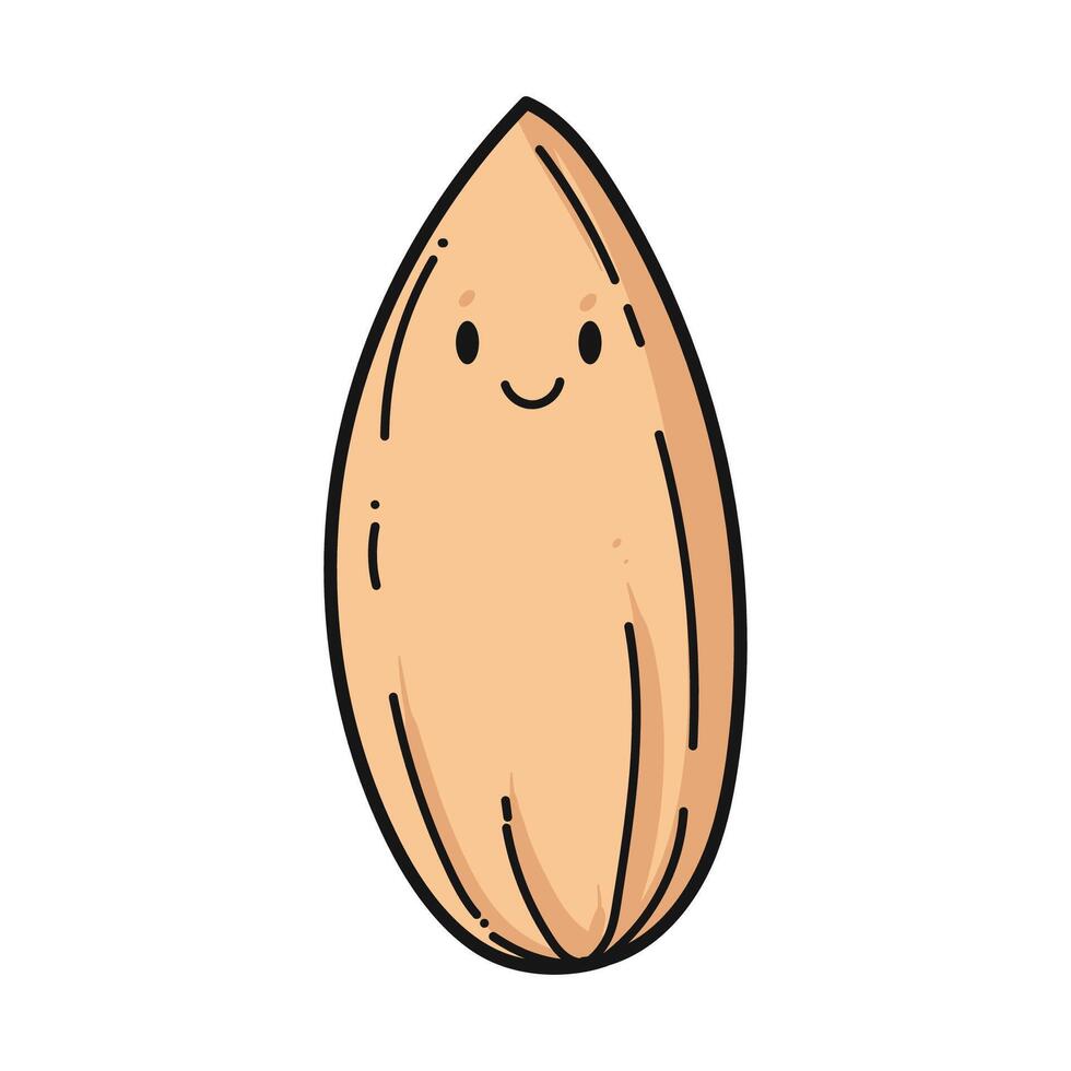 Almond cartoon. Cute Almond mascot design. Almond on white background. for poster, banner, web, icon, mascot, background. Healthy food. Hand drawn. illustration vector