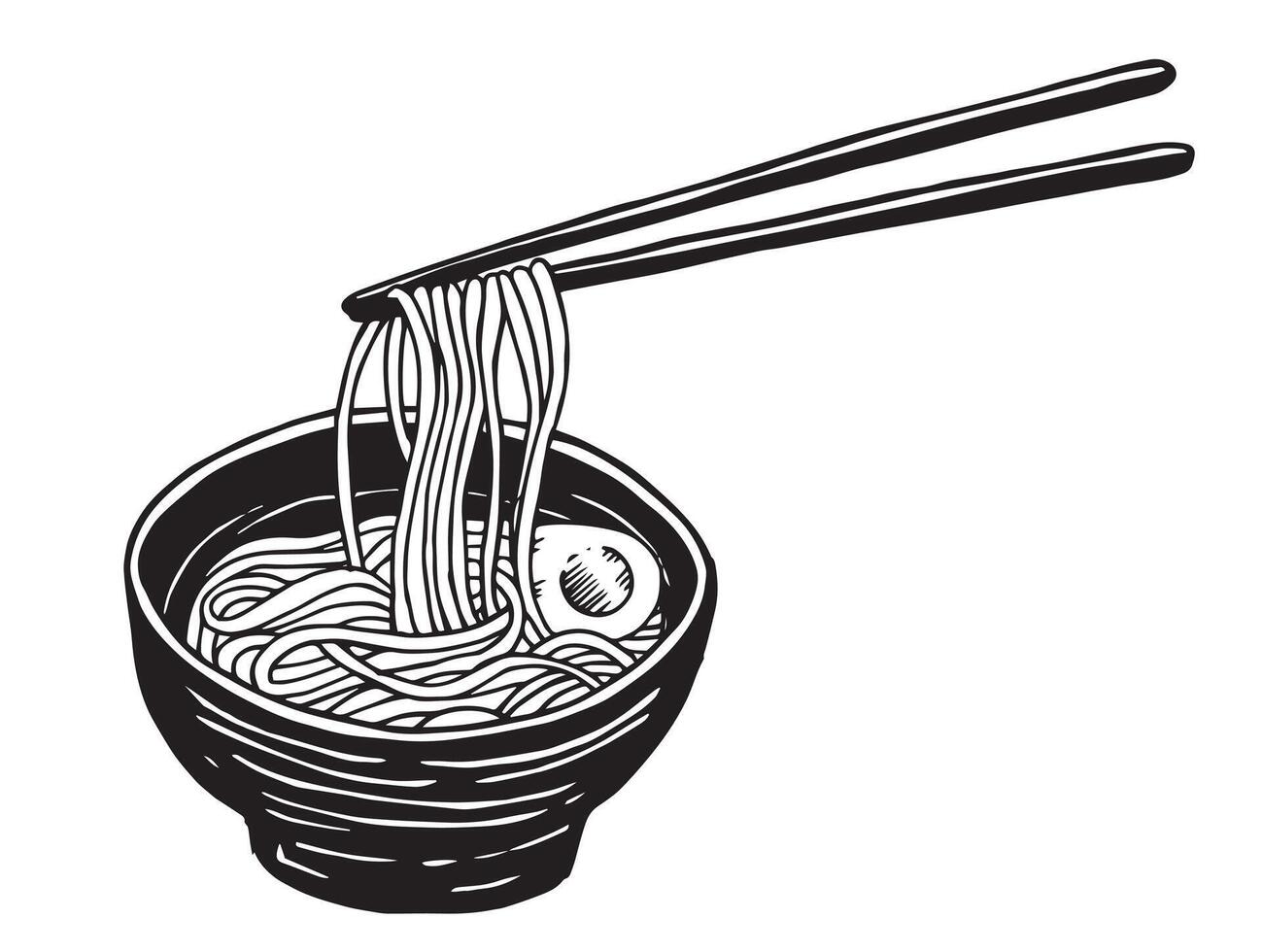 bowl with asian noodles and chinese chopsticks. ramen, udon drawing in sketch style vector