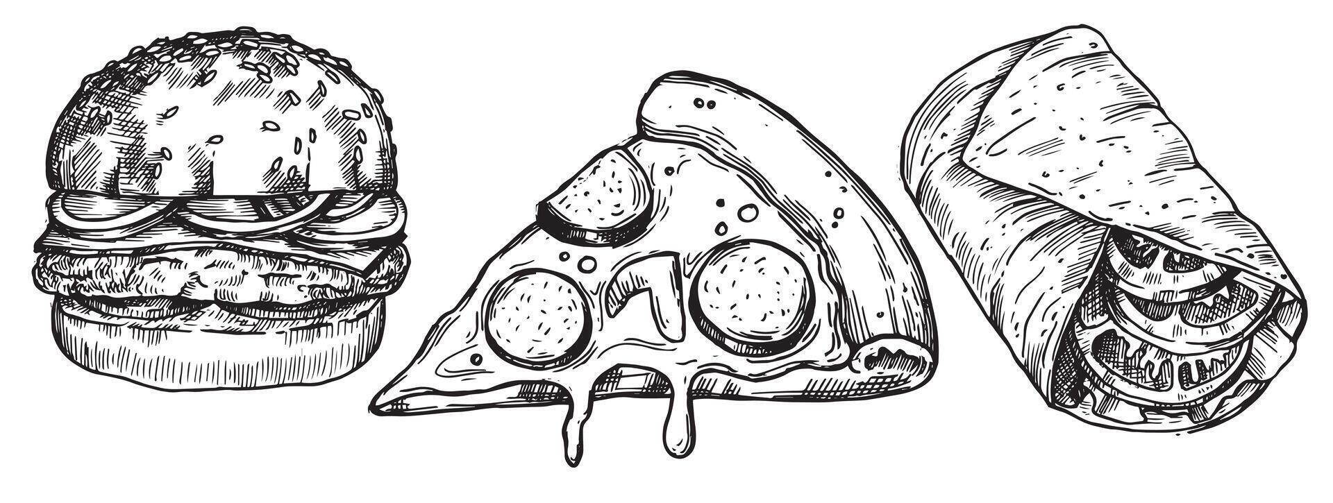 set of fast food dishes, pizza, hamburger, roll, drawing in sketch style. black and white graphics, engraving vector