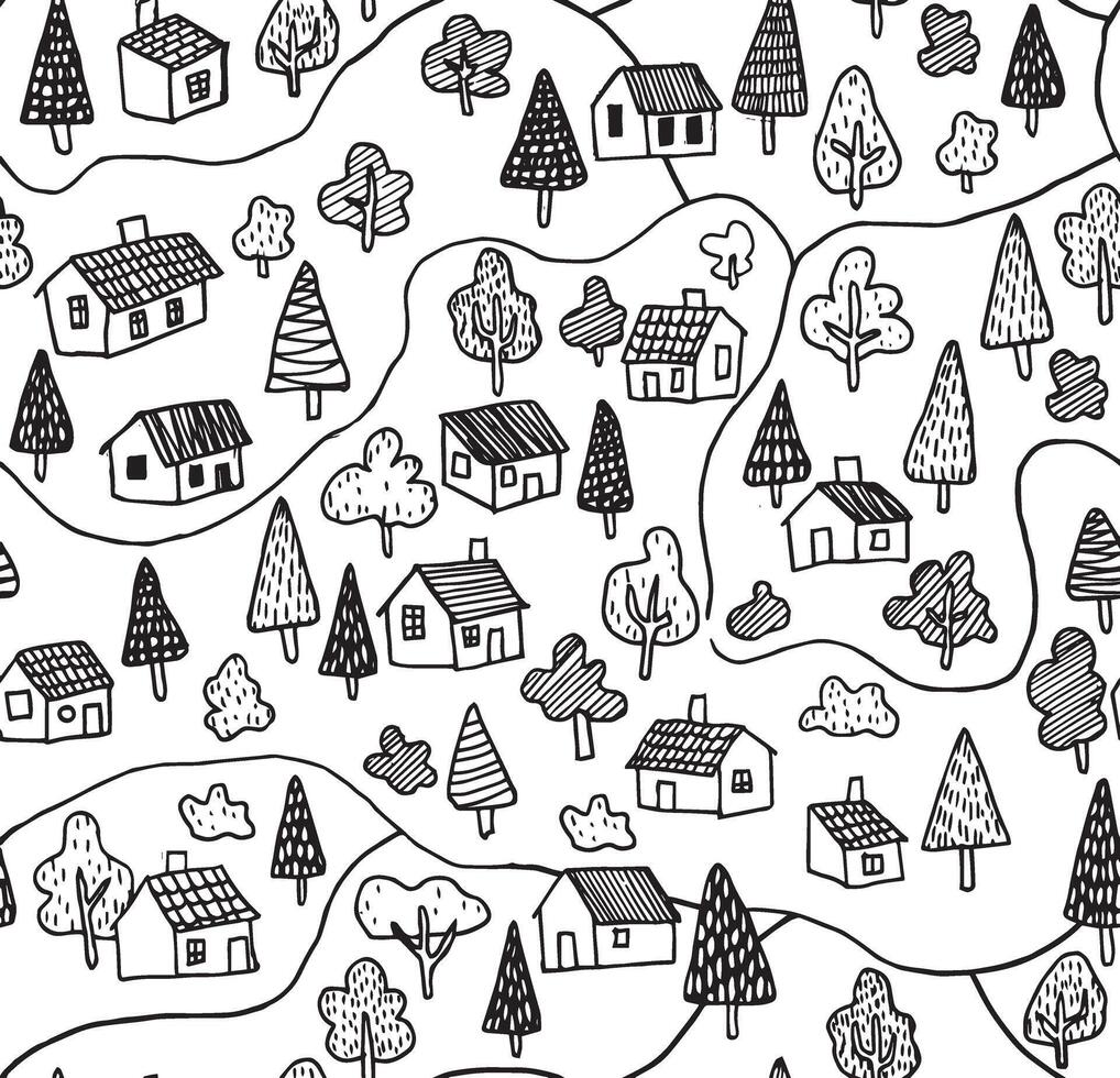 seamless pattern, village in doodle style. cute houses, linear drawing vector