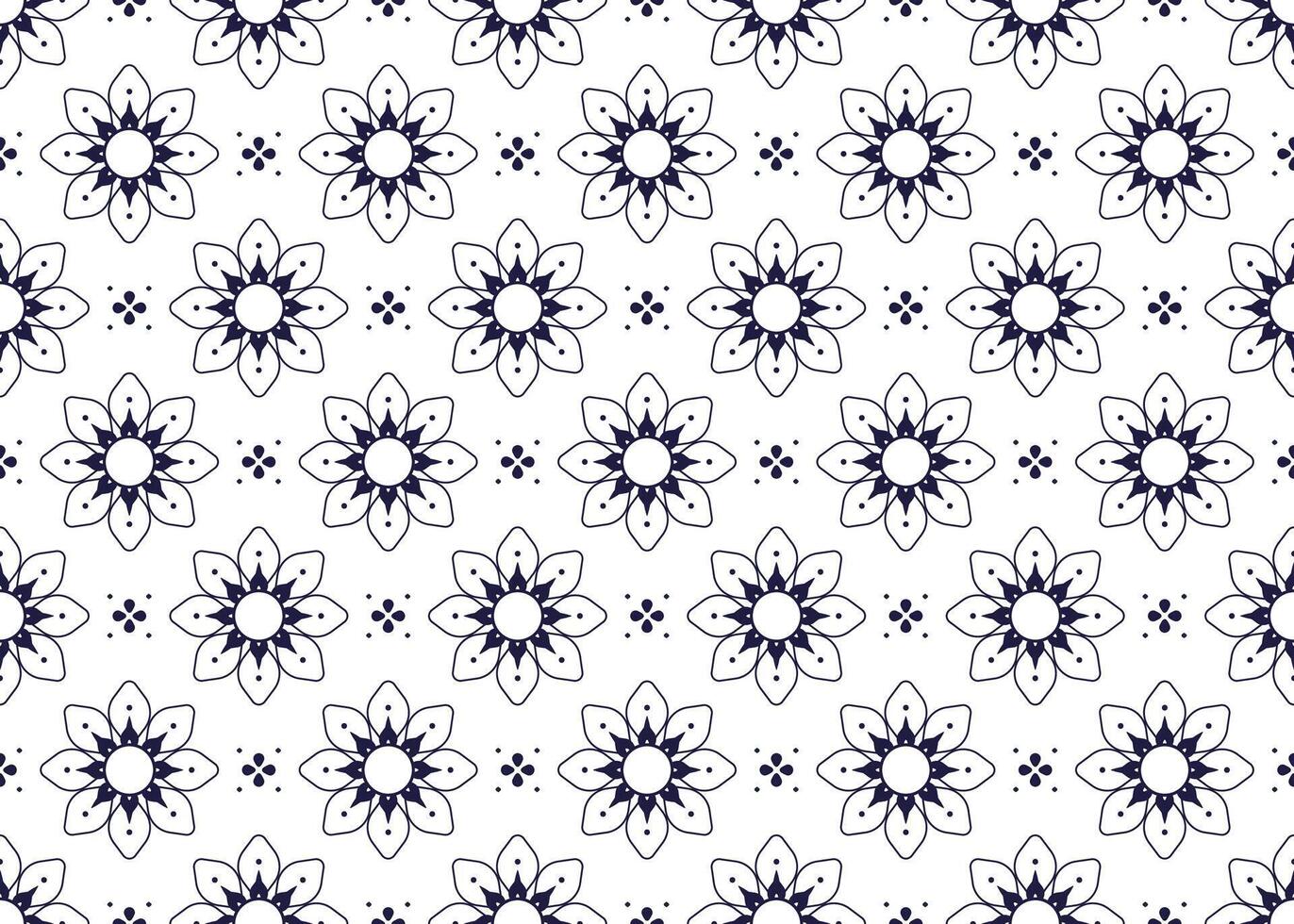 Symbol dark blue floral on white background, ethnic fabric seamless pattern design for cloth, carpet, batik, wallpaper, wrapping etc. vector