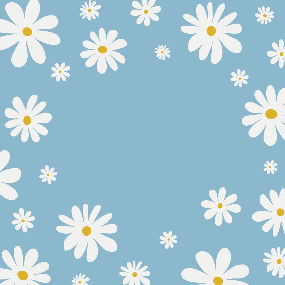 Floral background with white chamomiles on light blue background. cover design , floral illustration for social media, print, wallpapers, wrapping. vector