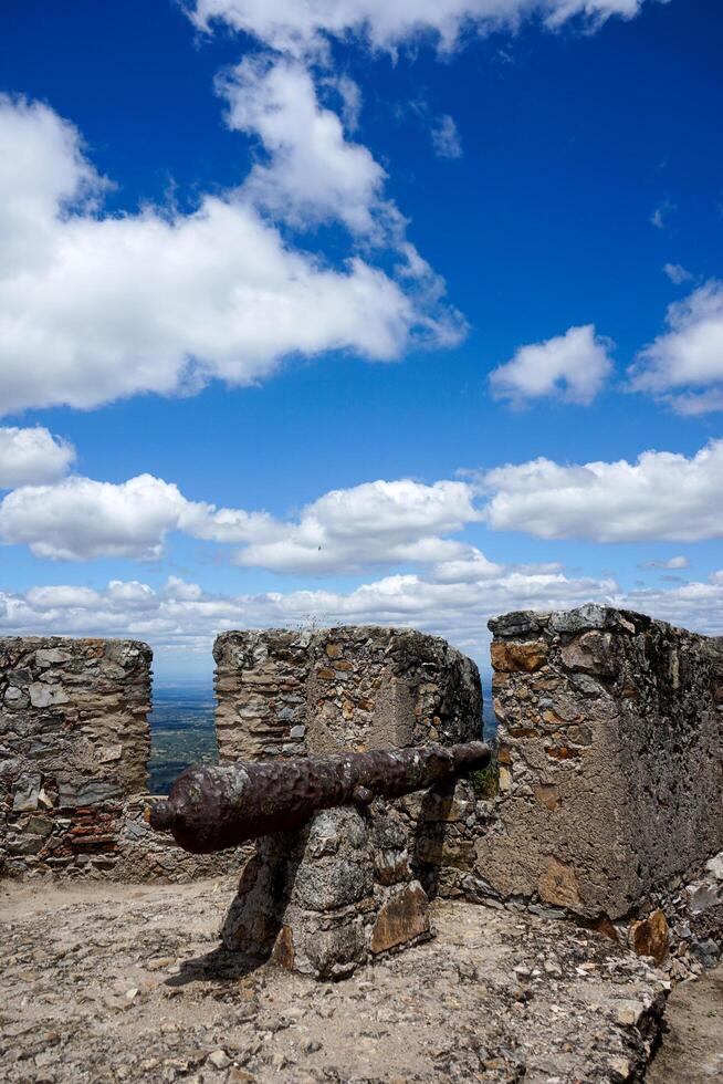 Marvao, Portugal. May 19, 2024. Battlements of Marvao Castle with old cannons pointing toward the scenic landscape, capturing history and panoramic views in a display of medieval defense architecture. photo