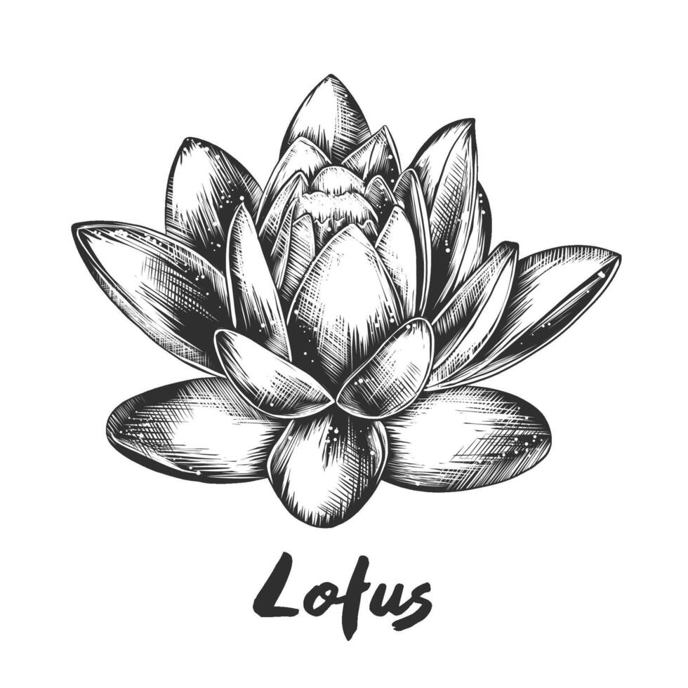 engraved style illustration for posters, decoration and print. Hand drawn sketch of lotus in monochrome isolated on white background. Detailed vintage woodcut style drawing. vector