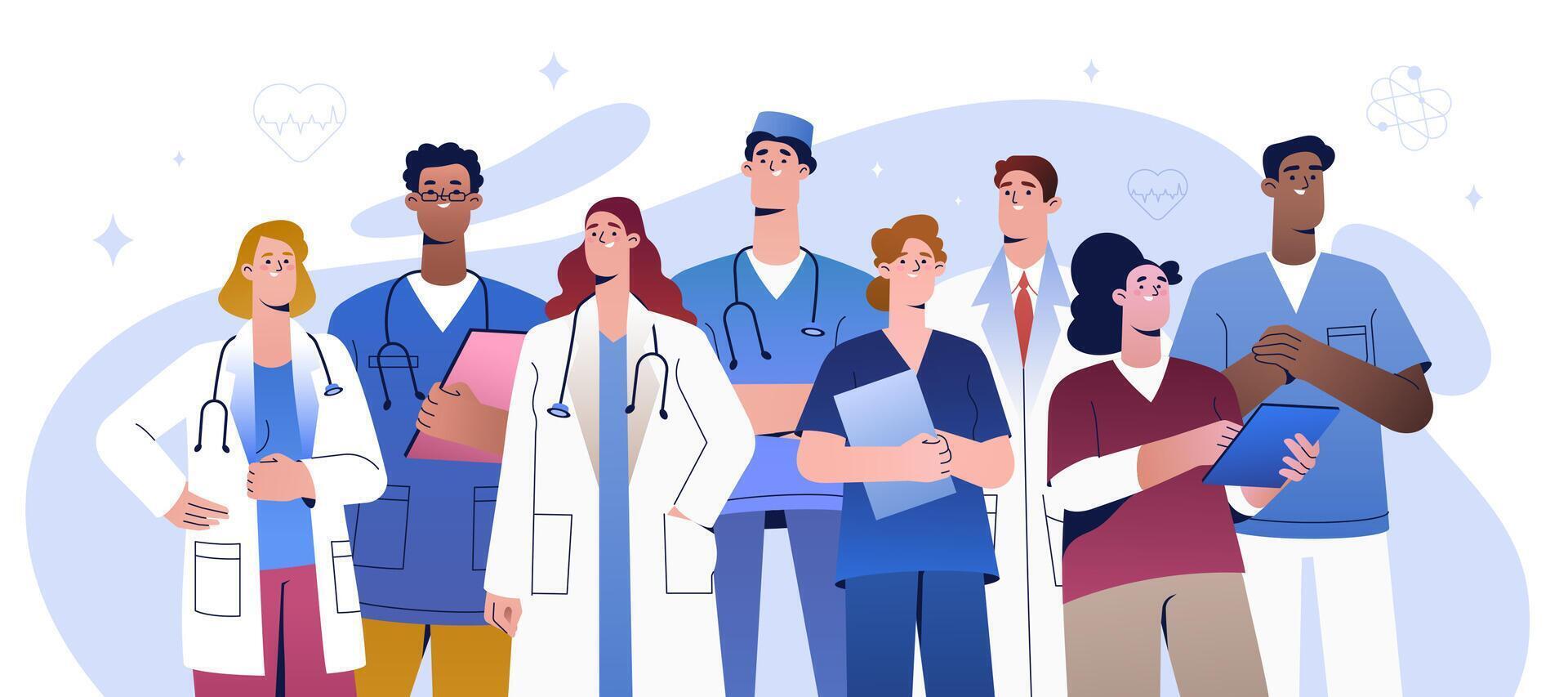 Group of happy doctors or medical team in hospital. Multiethnic nurses, young interns or physician specialists in uniform. Flat medics, healthcare workers or medic characters. Smiling staff in clinic. vector