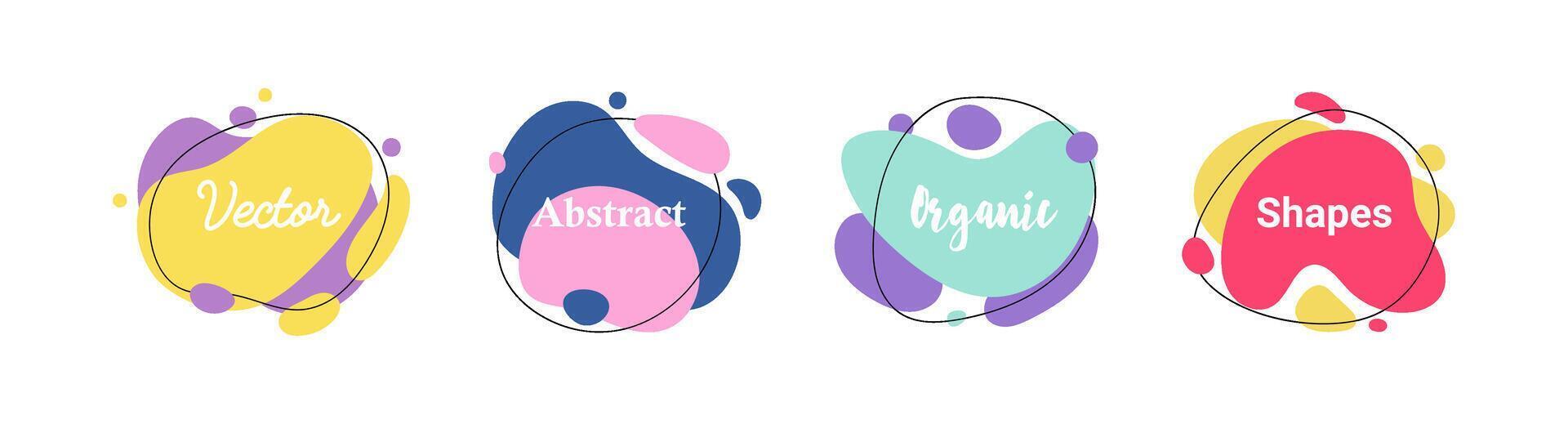 Set of 4 abstract graphic liquid elements in memphis style. Dynamical waves colored fluid shapes. Isolated banners with flowing liquids. Template for the design of a logo, flyer or presentation. vector
