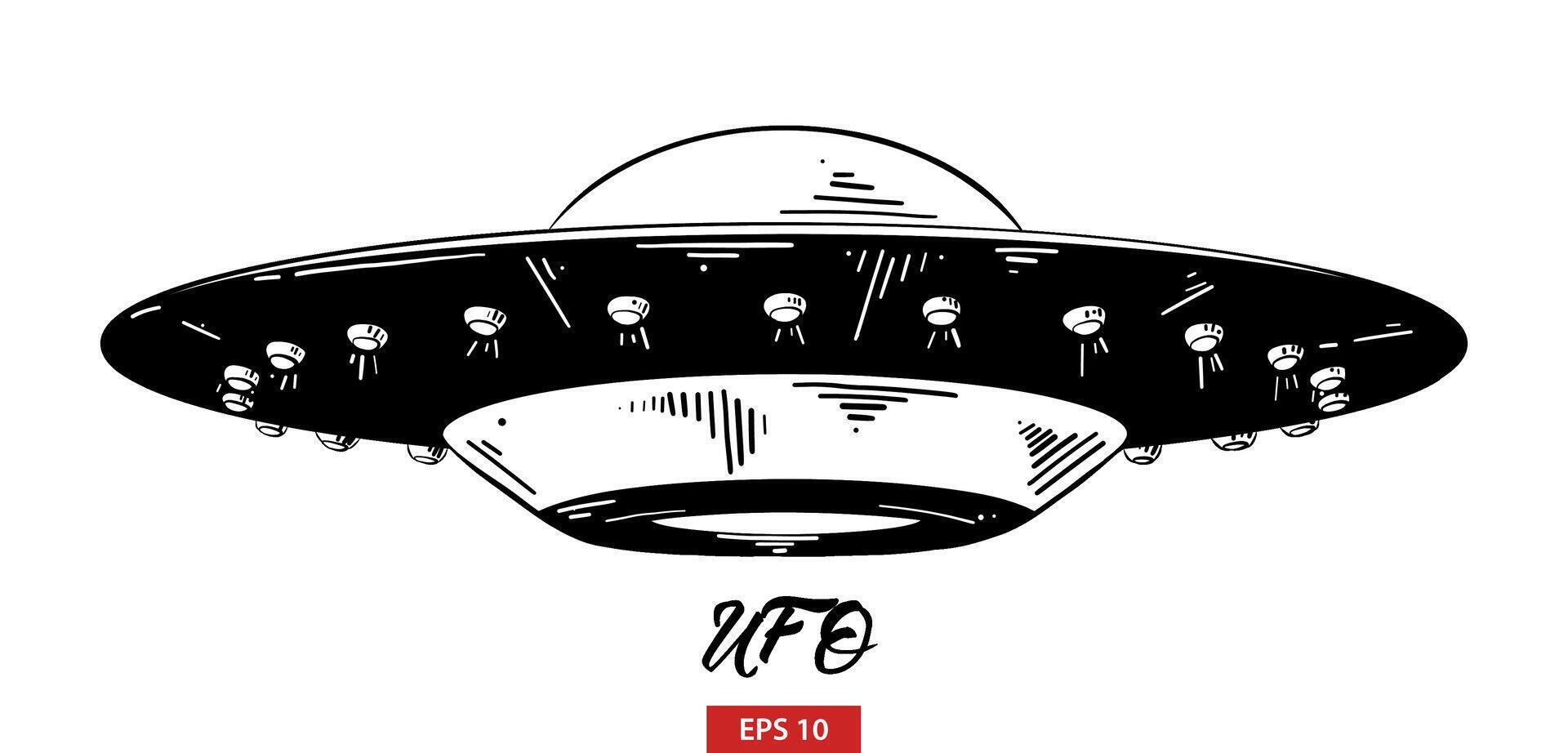 engraved style illustration for posters, decoration and print. Hand drawn sketch of ufo in black isolated on white background. Detailed vintage etching style drawing. vector
