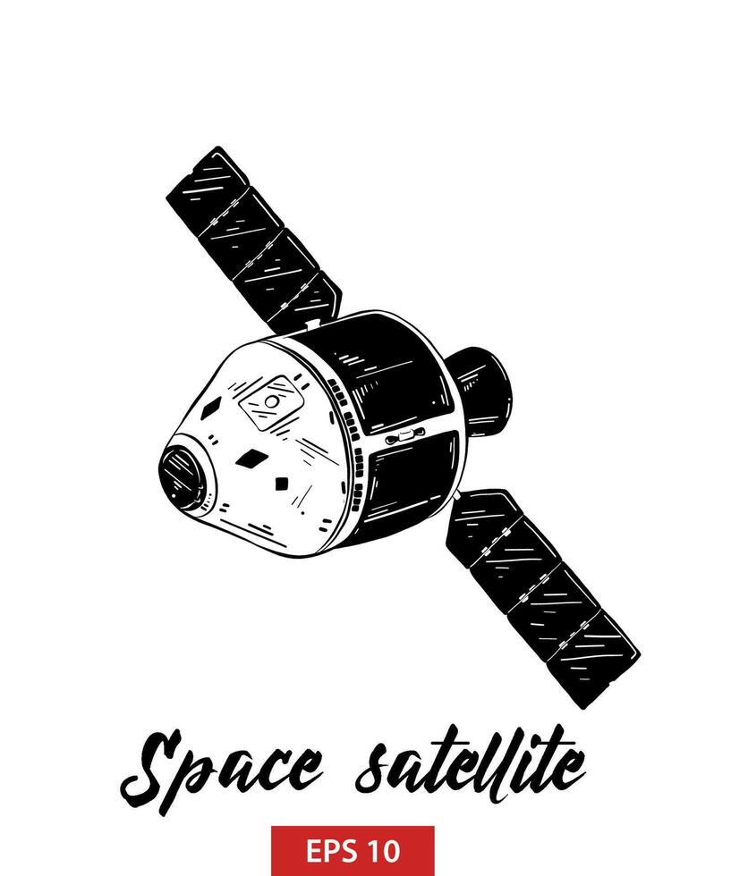 engraved style illustration for posters, decoration and print. Hand drawn sketch of space satellite in black isolated on white background. Detailed vintage etching style drawing. vector