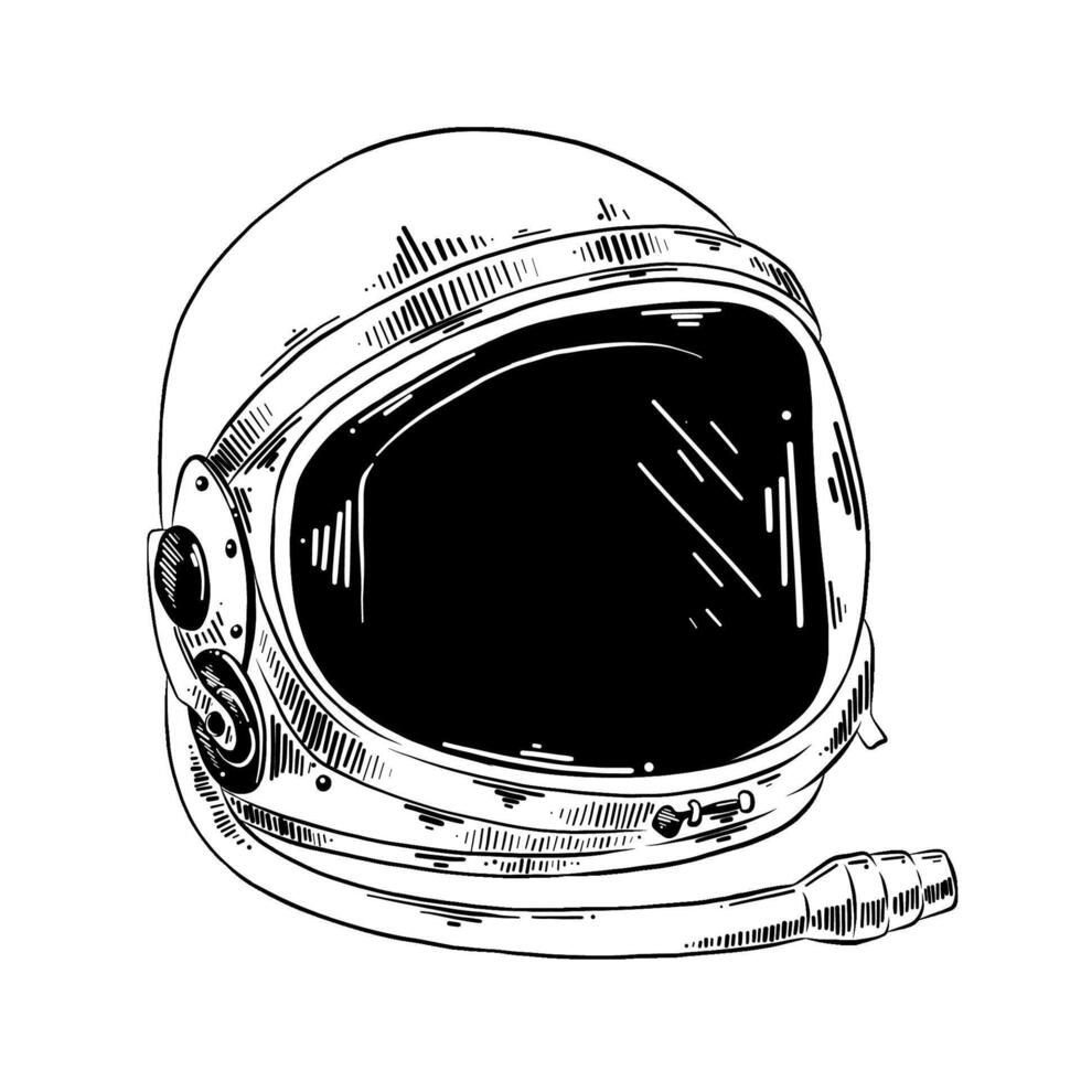 engraved style illustration for posters, decoration and print. Hand drawn sketch of astronaut helmet in black isolated on white background. Detailed vintage etching style drawing. vector