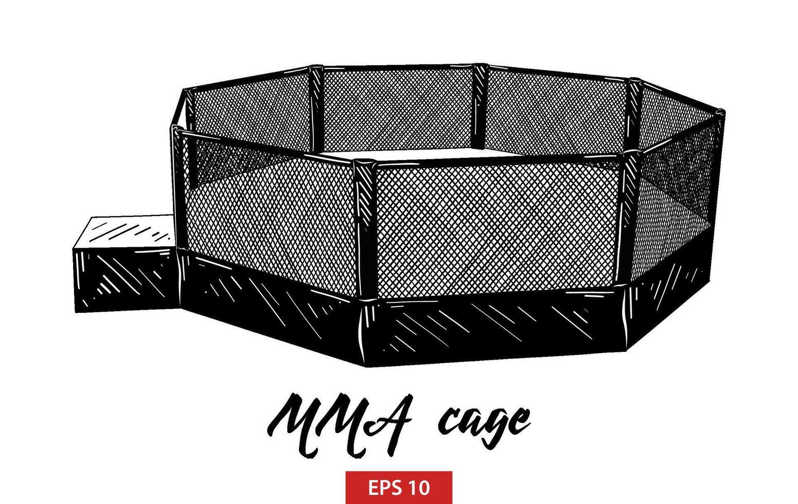 engraved style illustration for posters, decoration and print. Hand drawn sketch of mma cage in black isolated on white background. Detailed vintage etching style drawing. vector