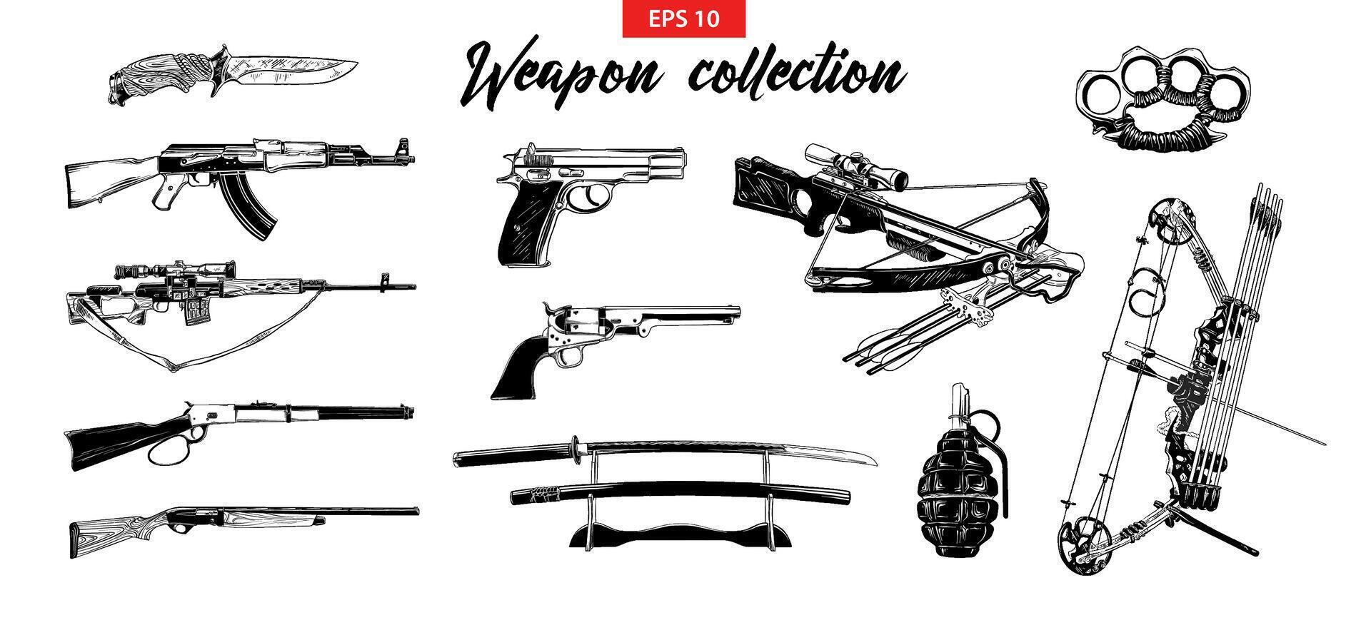 engraved style illustration for logo, emblem, label or poster. Hand drawn sketch set of different weapons isolated on white background. Detailed vintage doodle drawing. vector