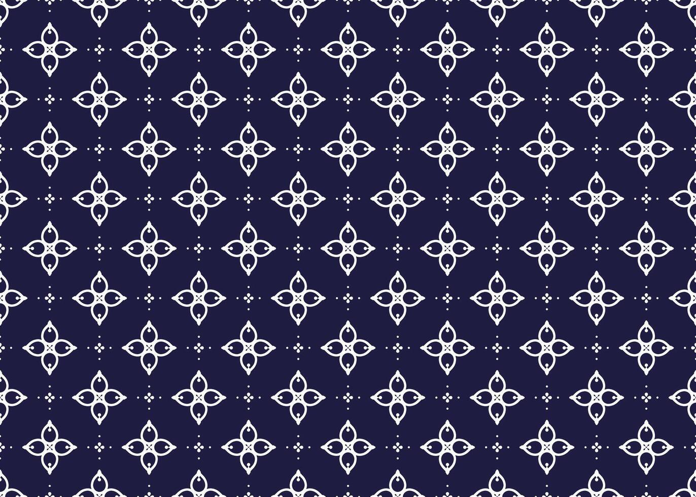 White symbol flowers on dark blue background, ethnic fabric seamless pattern design for cloth, carpet, batik, wallpaper, wrapping etc. vector