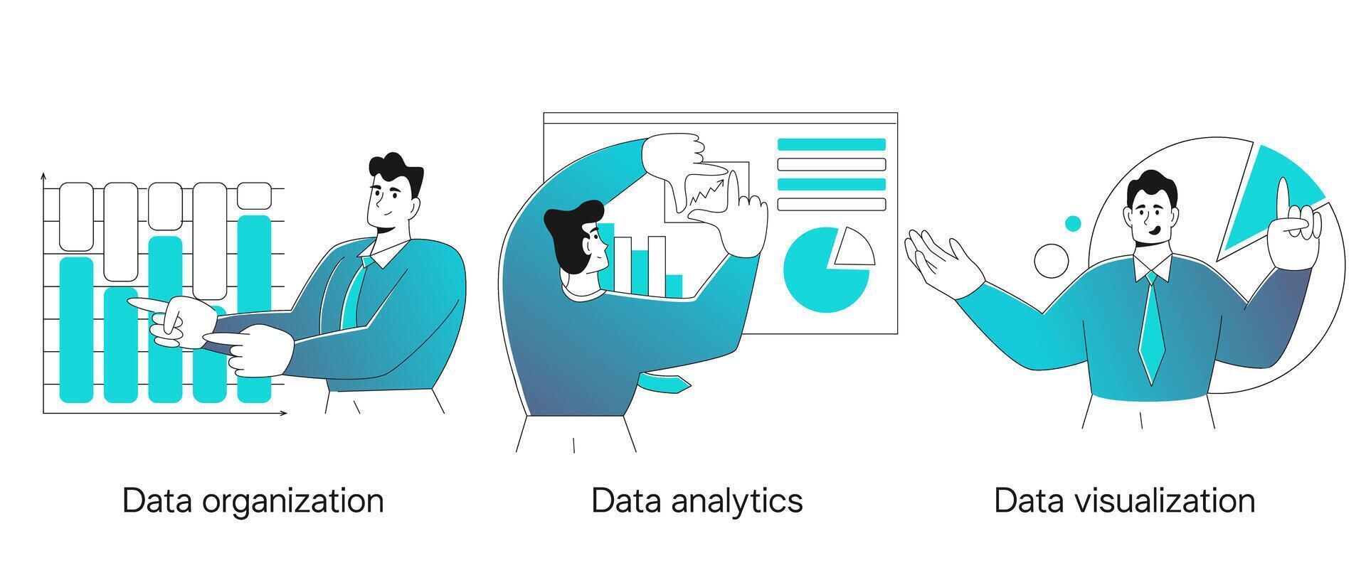 businessman conducts business audit in flat modern styles. Concept Data Organization, Data Analytics, Data Visualization vector