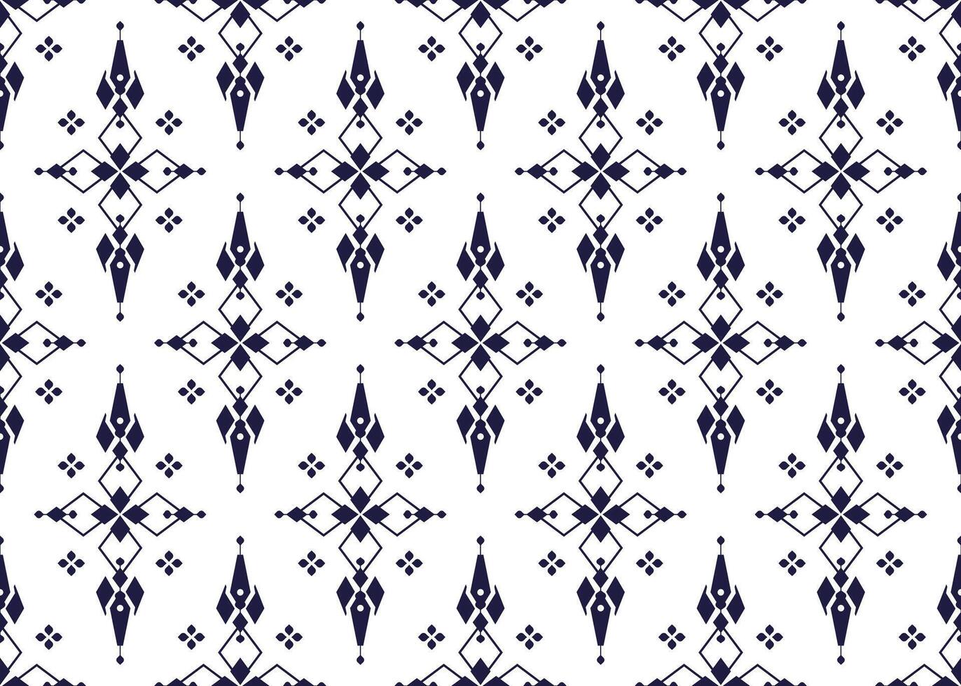 dark blue geometric and symbol flowers on White background, ethnic fabric seamless pattern design for cloth, carpet, batik, wallpaper, wrapping etc. vector