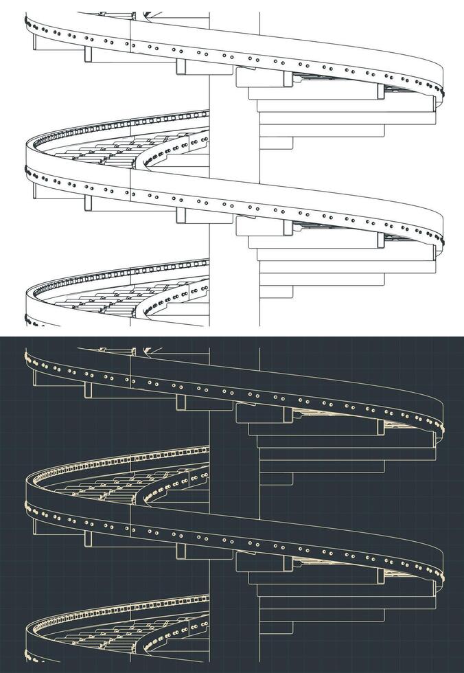 Vertical spiral conveyor isometric blueprints vector