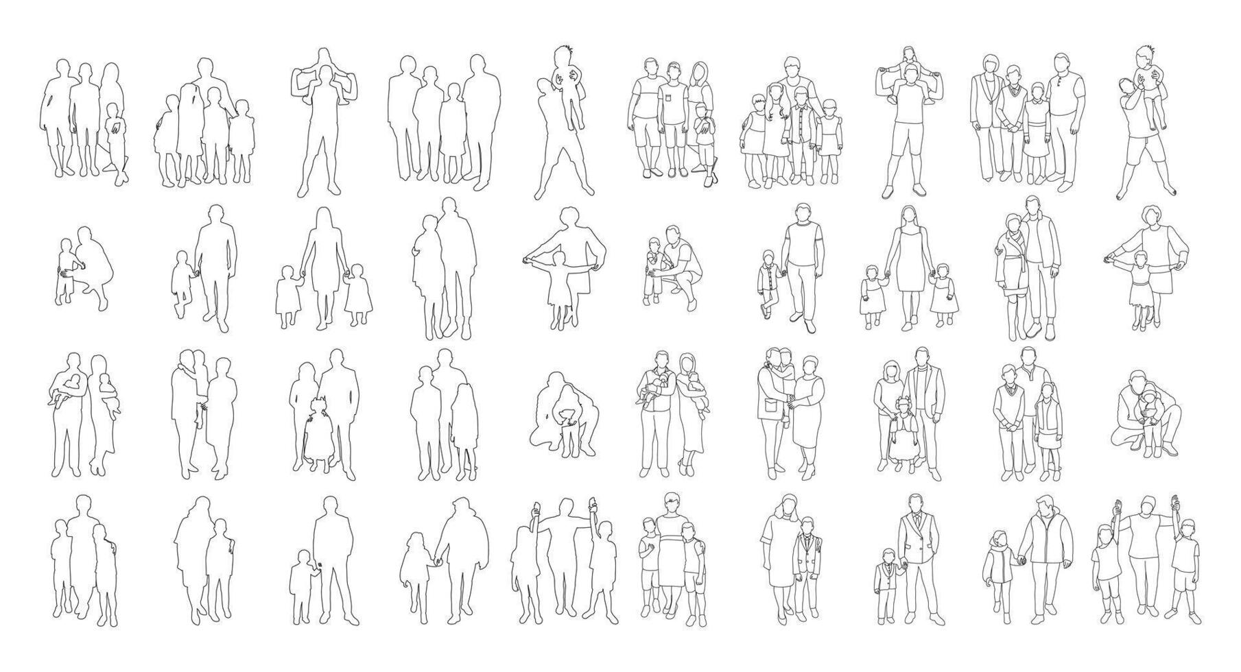 Collection of families, parents and children, outline vector