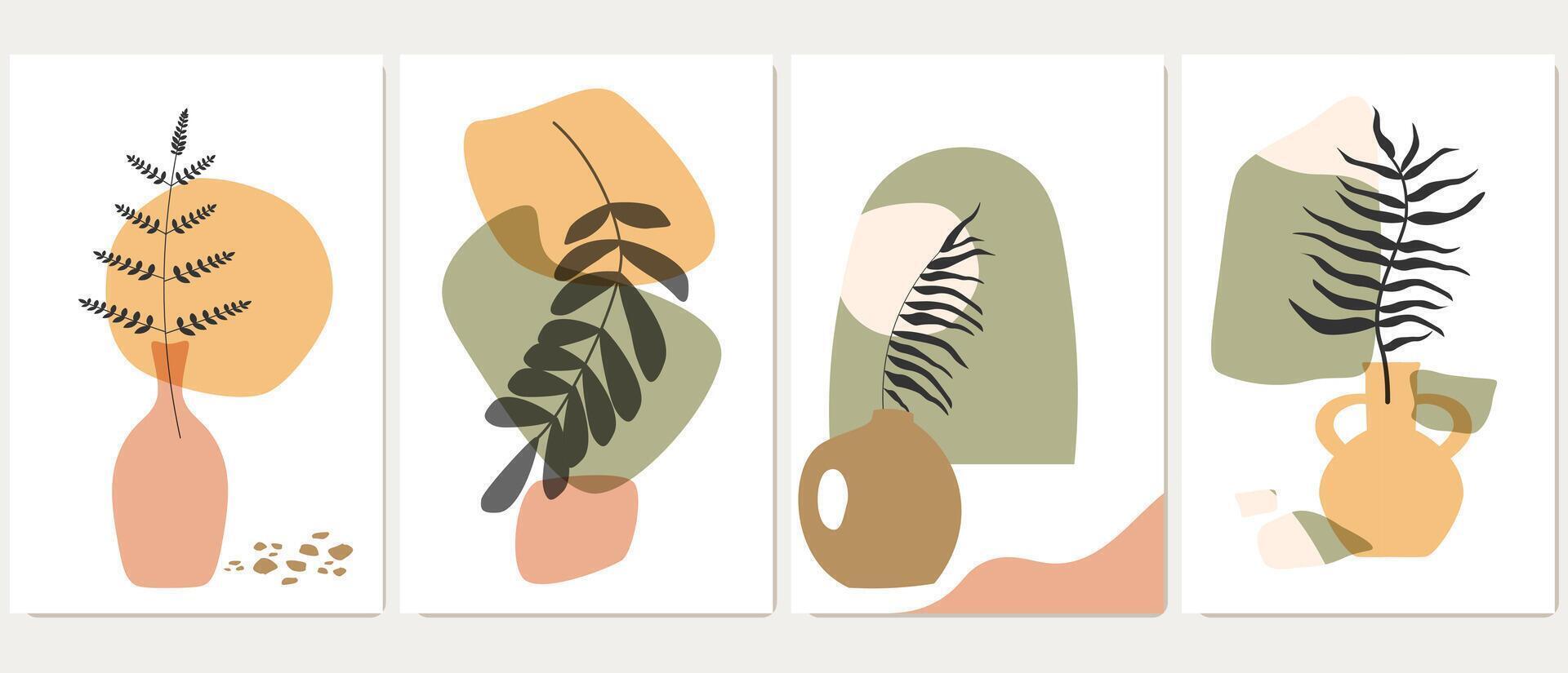 Set of abstract posters with plants, wazz, leaves, freeforms and spots. Simple natural still lifes. vector